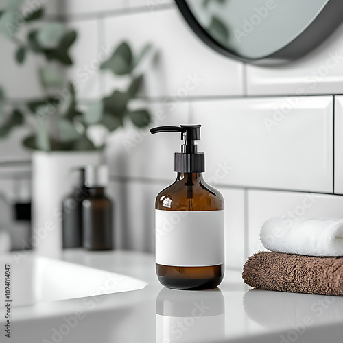 A brown glass bottle with a black pump dispenser sits on a white bathroom counter next to a white hand towel and a brown towel.