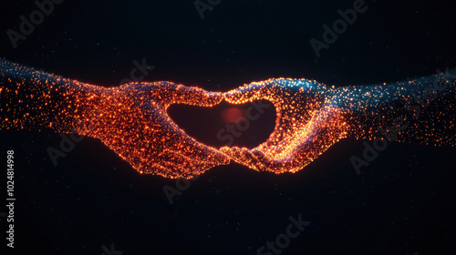 Hands forming a connection with digital sparks. photo