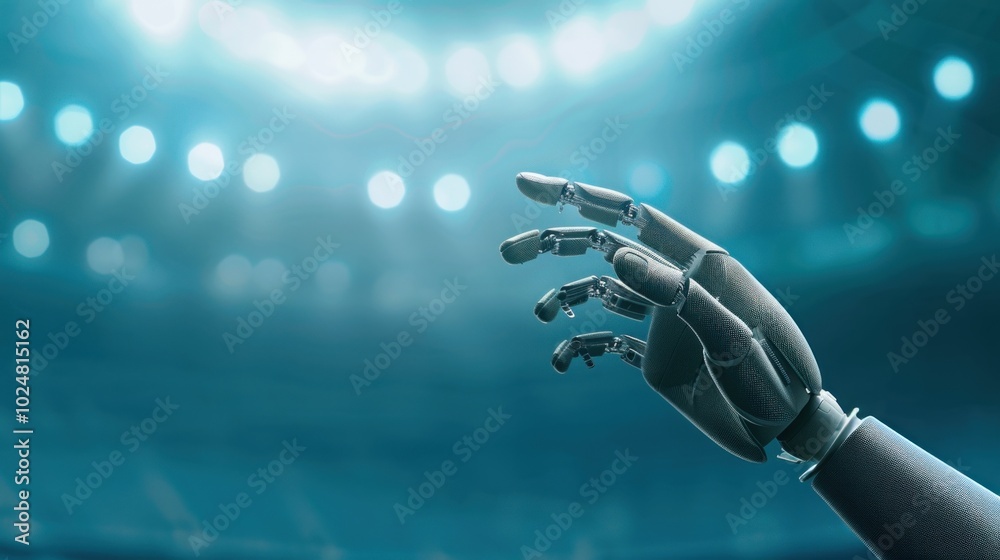 Fototapeta premium Robotic hand reaching in futuristic stadium lighting