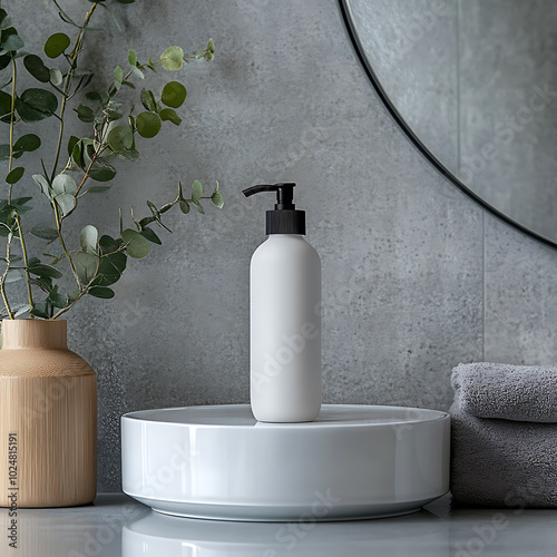White pump bottle with a black top on a white pedestal with towels in the background.
