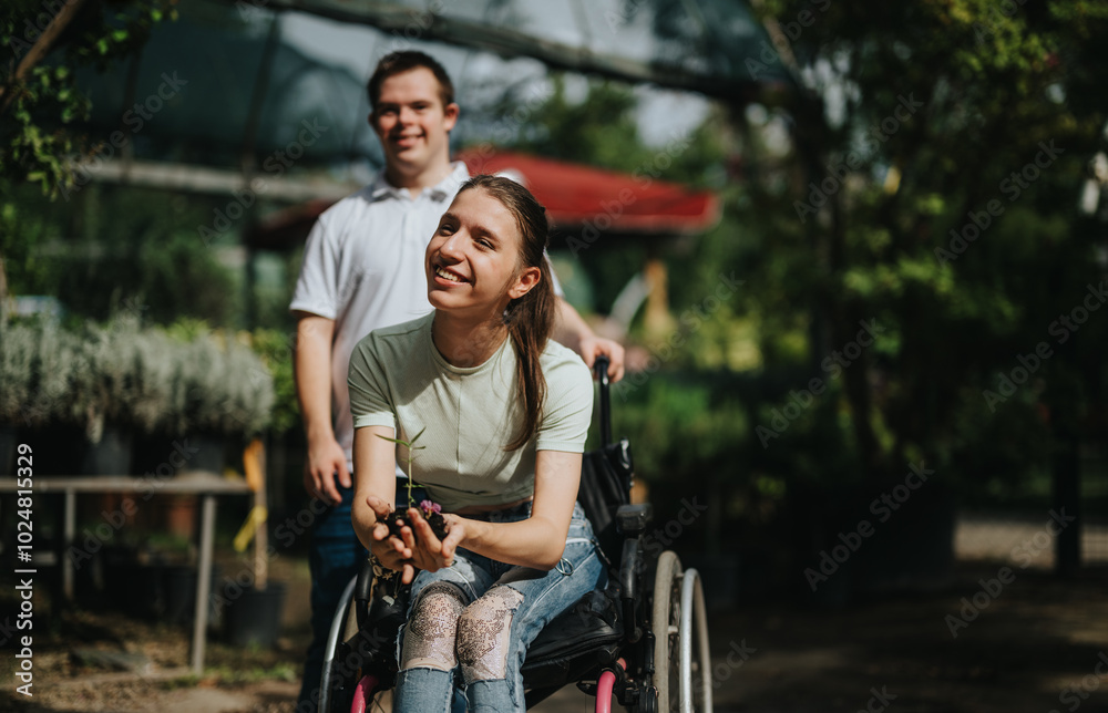 A joyful young woman in a wheelchair enjoying time outdoors with a supportive friend. The scene captures friendship, inclusion, and positivity in a natural setting. A joyful young woman in a wheelchair enjoying time outdoors with a supportive friend. The scene captures friendship, inclusion, and positivity in a natural setting.