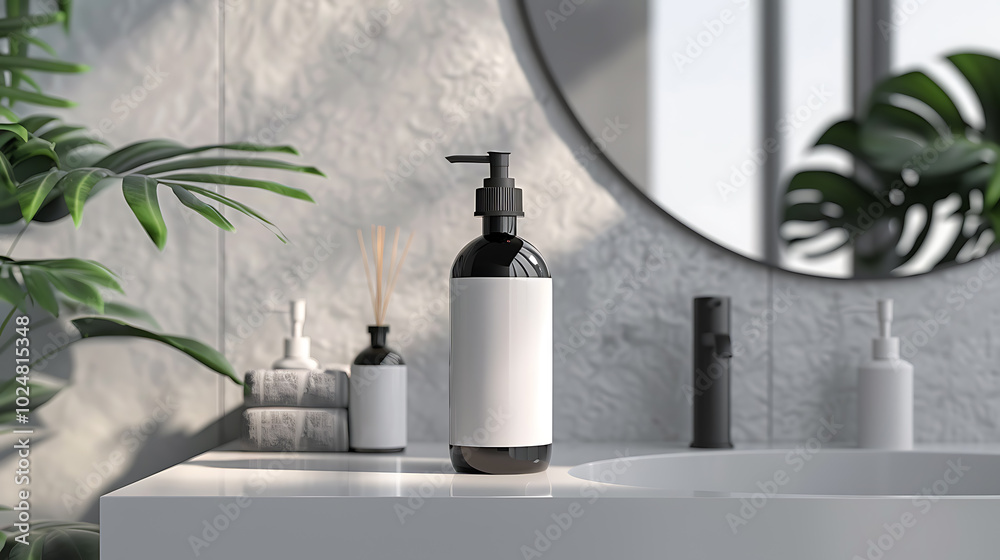 Black pump bottle with white label on a bathroom counter with plants and other bottles. Black pump bottle with white label on a bathroom counter with plants and other bottles.