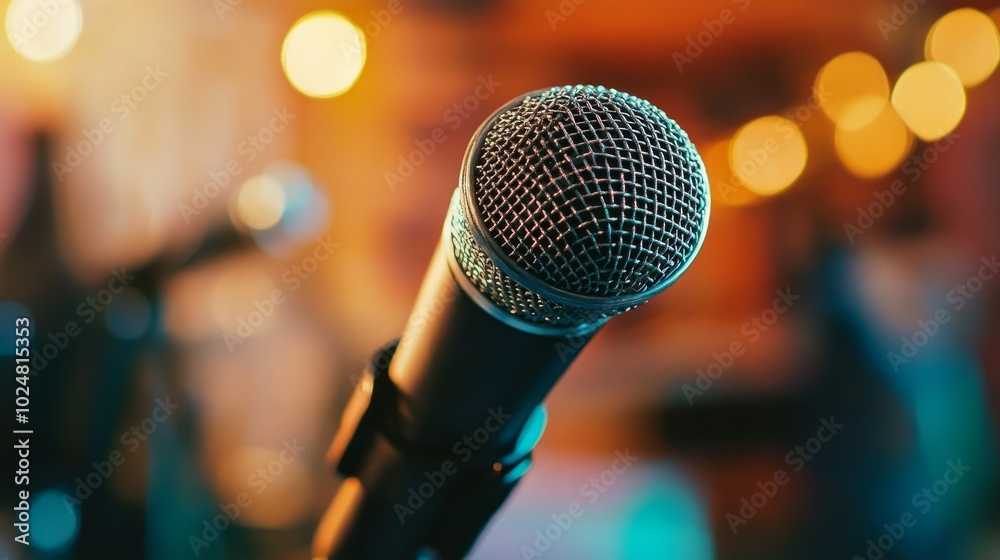 A close-up of a microphone on a stand with blurred lights in the background. A close-up of a microphone on a stand with blurred lights in the background.