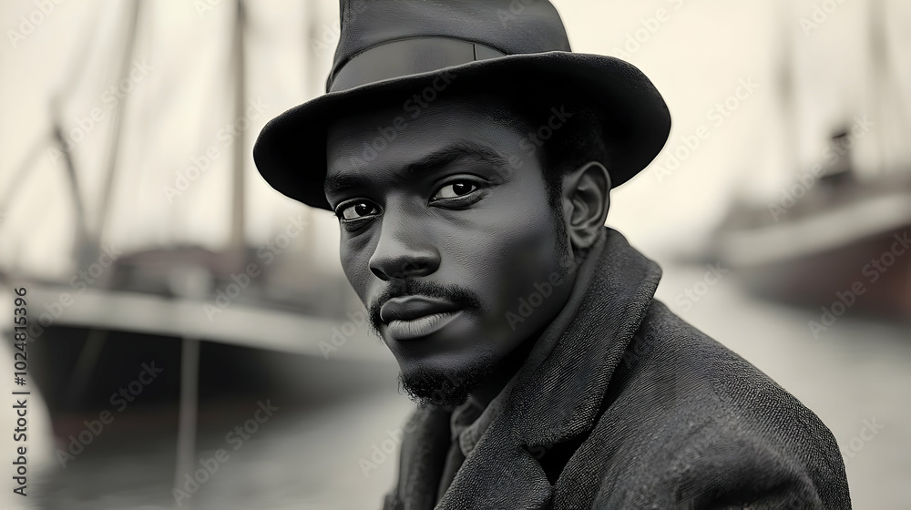 A portrait of a man in a hat by the water, exuding contemplation. A portrait of a man in a hat by the water, exuding contemplation.