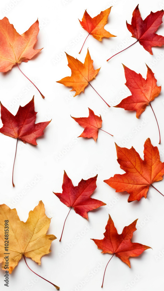 Verschiedenfarbige Herbstblätter in Rot, Orange und Gelb sind gleichmäßig auf einem weißen Hintergrund verteilt. Generative KI Verschiedenfarbige Herbstblätter in Rot, Orange und Gelb sind gleichmäßig auf einem weißen Hintergrund verteilt. Generative KI
