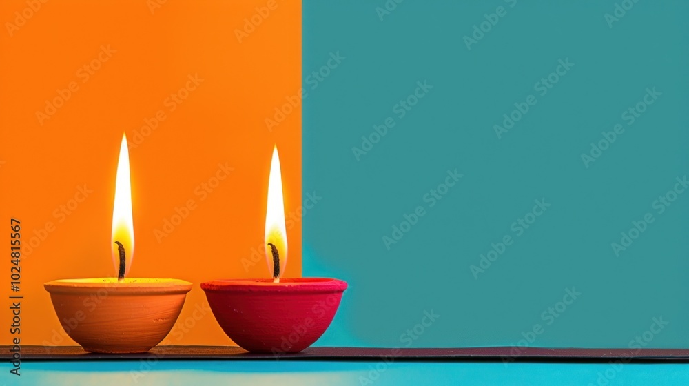 Two lit Diya's with orange and teal background for Diwali celebration Two lit Diya's with orange and teal background for Diwali celebration