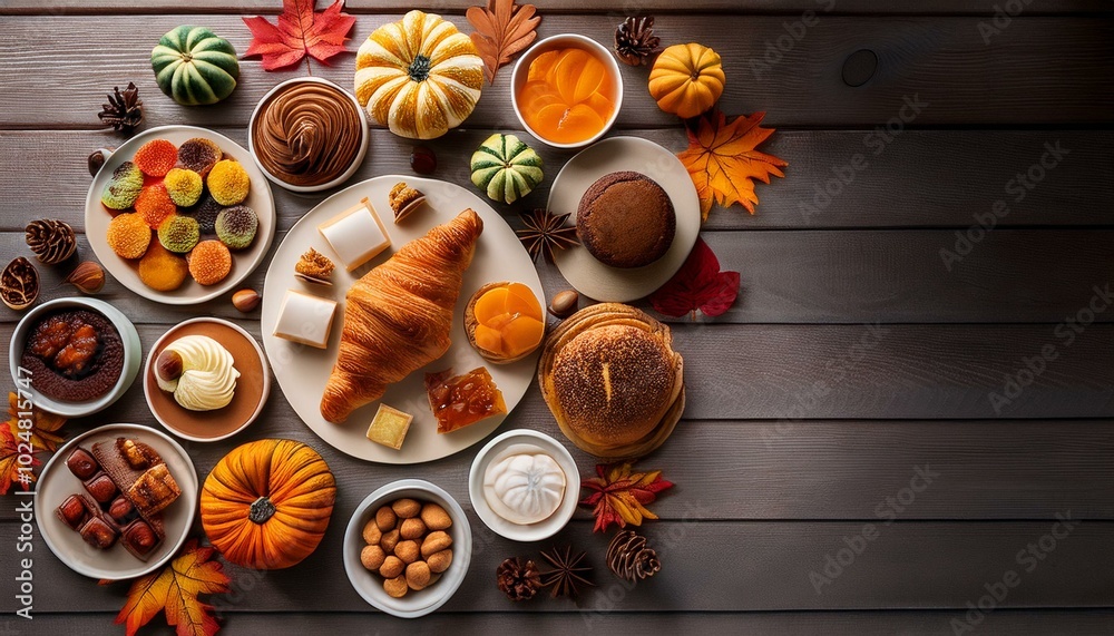 autumn desserts table scene with an assortment of gourmet fall sweet foods top down view over a white wood background autumn desserts table scene with an assortment of gourmet fall sweet foods top down view over a white wood background