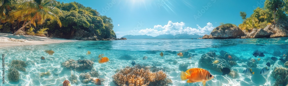 Obraz premium Many fish swimming in the clear water near the shore