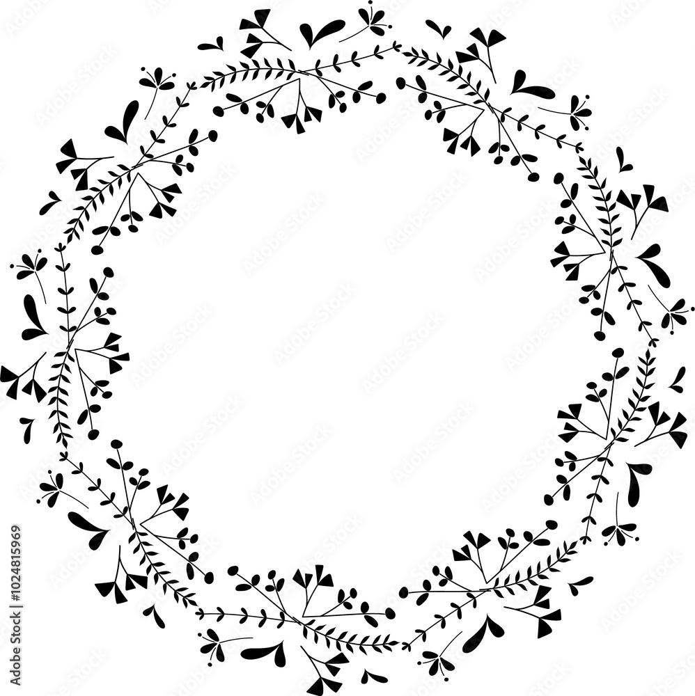 Round black and white frame with abstract decorative flowers. Copy space. Raster clip art. Round black and white frame with abstract decorative flowers. Copy space. Raster clip art.