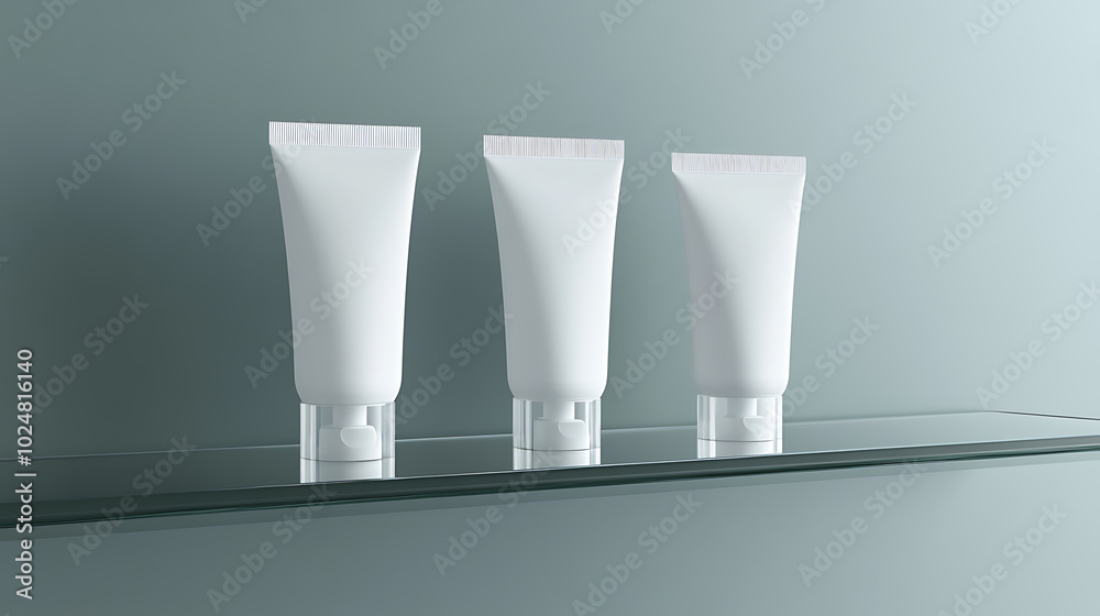 Three white tubes of lotion on a glass shelf in a modern bathroom. Three white tubes of lotion on a glass shelf in a modern bathroom.