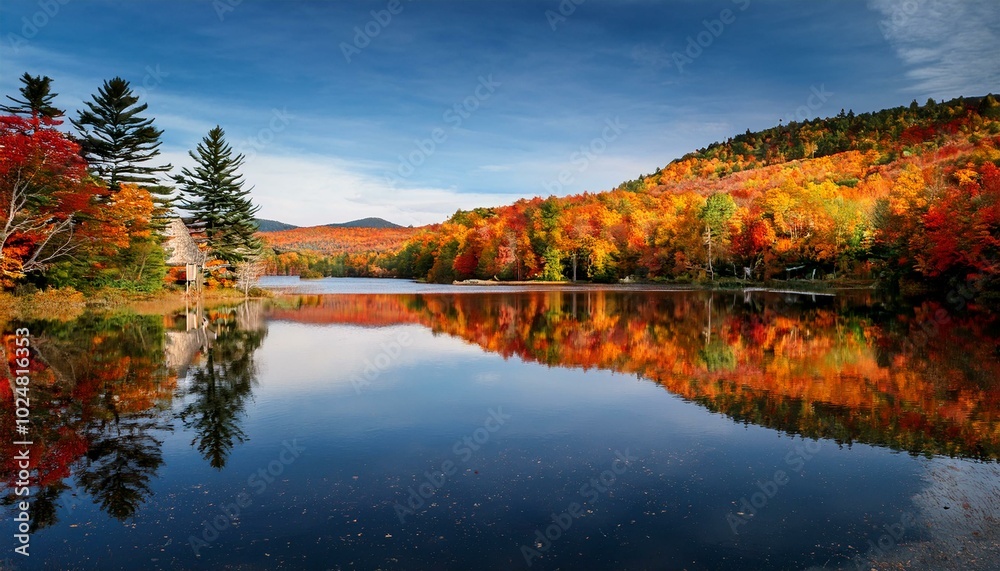 beautiful fall colors along a lake with reflections in the countryside of vermont usa beautiful fall colors along a lake with reflections in the countryside of vermont usa