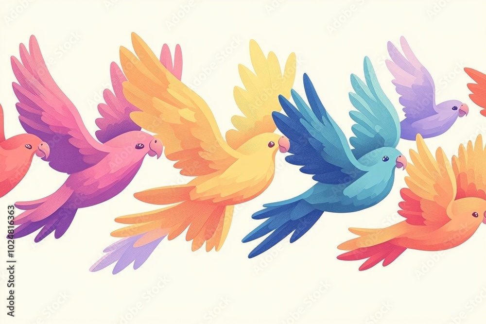 Colorful parakeets in flight and at feeding, showcasing their vibrant plumage and lively behavior Colorful parakeets in flight and at feeding, showcasing their vibrant plumage and lively behavior