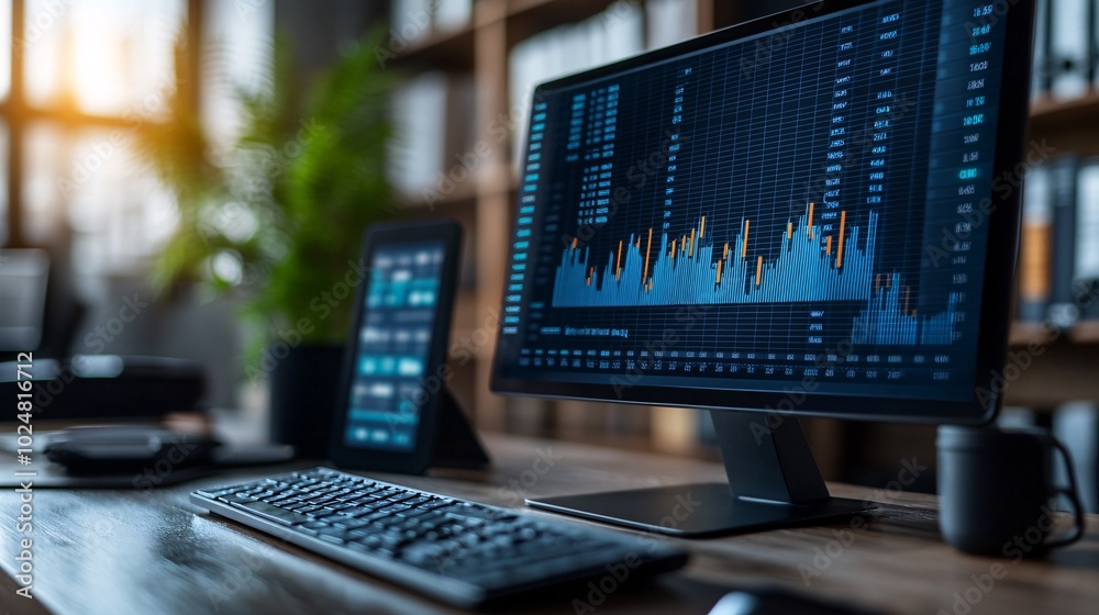Professionals analyzing data on interactive screens in a modern tech-driven office Stock Photo with side copy space Professionals analyzing data on interactive screens in a modern tech-driven office Stock Photo with side copy space