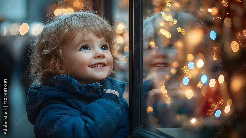Child admiring festive lights with joy and wonder. Child admiring festive lights with joy and wonder.