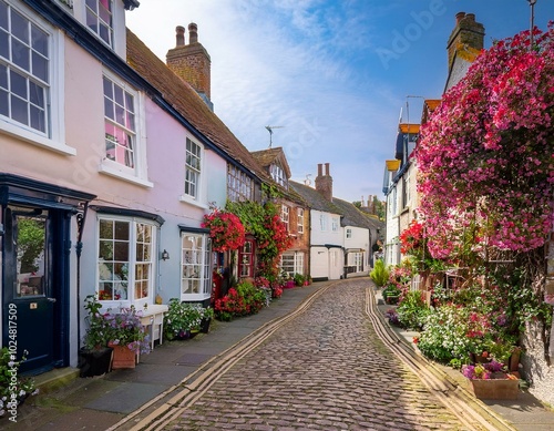 charming cobblestone street in the beautiful old town of rye east sussex england with flowers