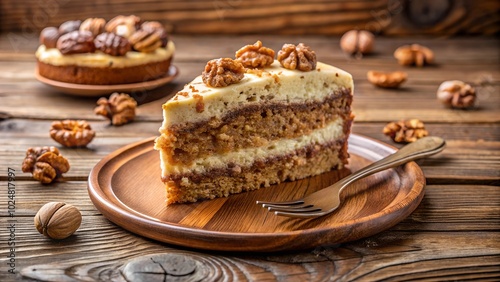 Slice of walnuts cake with fruits on wooden table