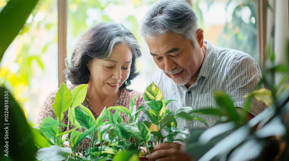 Obraz premium Couple caring houseplants at home. Multiracial mature man and woman with green plants
