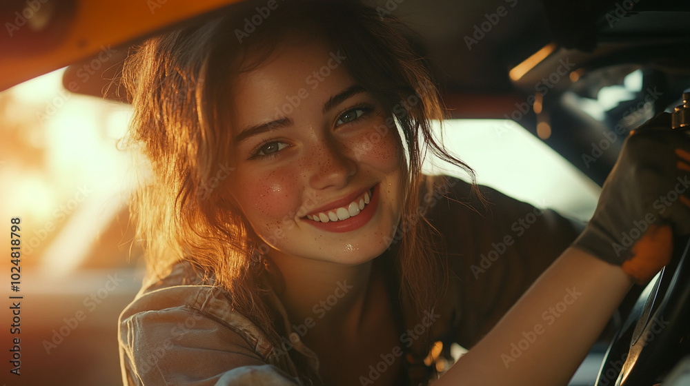 A woman with long brown hair and freckles is smiling brightly while working on the engine of a car. The sunlight shines through the open hood of the car, illuminating her face.
A woman with long brown hair and freckles is smiling brightly while working on the engine of a car. The sunlight shines through the open hood of the car, illuminating her face.