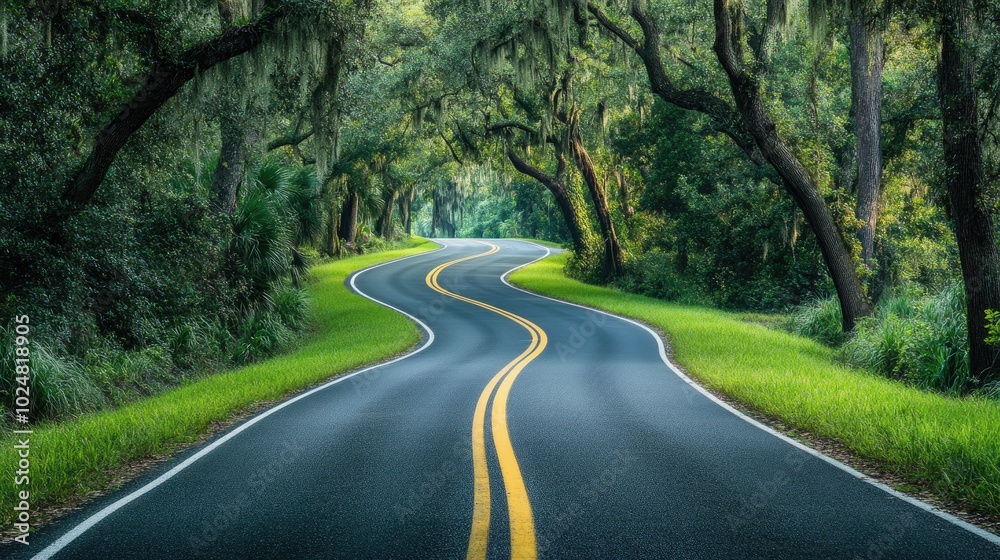 Obraz premium A peaceful summer road winding through a green forest, with ample space for copy