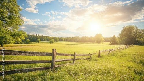 A quiet country field with a wooden fence under the summer sun, with space for text