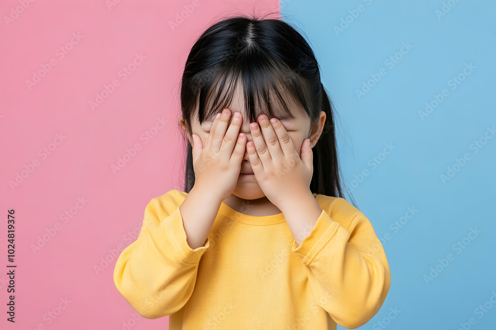 Young asian girl stands against a colorful background, playfully covering her eyes with her hands, expressing shyness and fear Young asian girl stands against a colorful background, playfully covering her eyes with her hands, expressing shyness and fear
