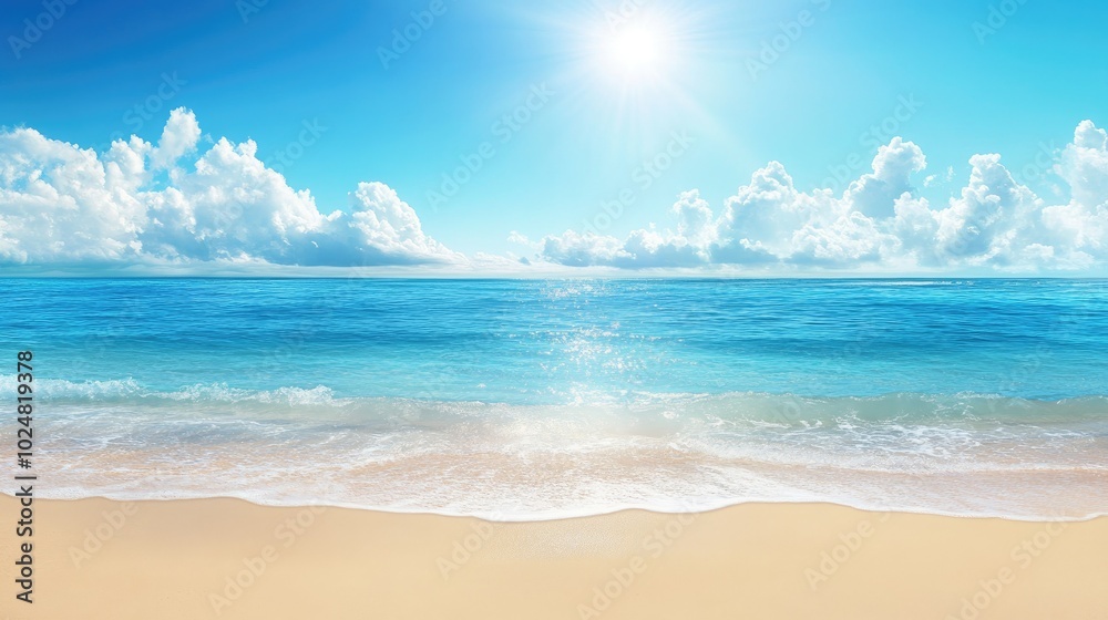 Fototapeta premium A sandy beach with calm waters under a bright summer sun, leaving space for text