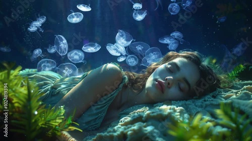 A girl sleeping on the seabed against a background of floating jellyfish and rays of light through the water