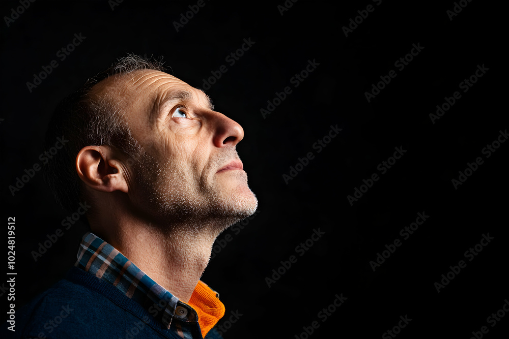 Older man with a neat beard and short gray hair looks upwards in deep contemplation against a dark backdrop, exuding wisdom and thoughtfulness Older man with a neat beard and short gray hair looks upwards in deep contemplation against a dark backdrop, exuding wisdom and thoughtfulness