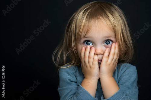 Frightened blonde little girl covers her mouth, displaying a range of emotions, with her shy blue eyes standing out against a dark backdrop