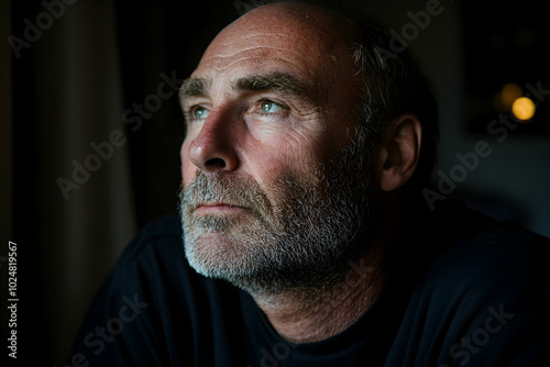 Mature man with a white beard looks up in deep thought, showing contemplation, hope, and wisdom. The serious expression on his face conveys life experiences and aging