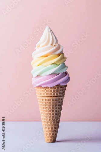 Delicious pastel ice cream swirl in a cone, perfect for summer treats and sweet desserts against a soft pink backdrop. photo