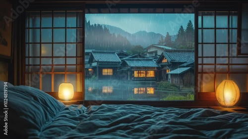A bed next to a window in Eastern Chinese style, with rain falling outside the window against a backdrop of mountains and mist