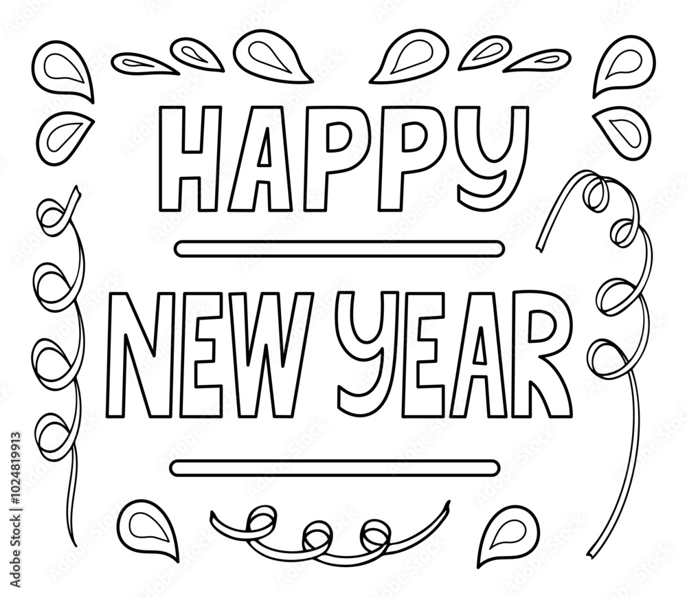 Coloring book Happy New Year hand drawn. Holiday card. Festival party. Celebration. Vector line art illustration. Coloring page for kids and adults.