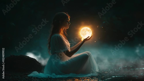 A girl is sitting in a white dress on the ground with fog and holding a large glowing moon. Concept of good sleep and rest. Meditation mantra