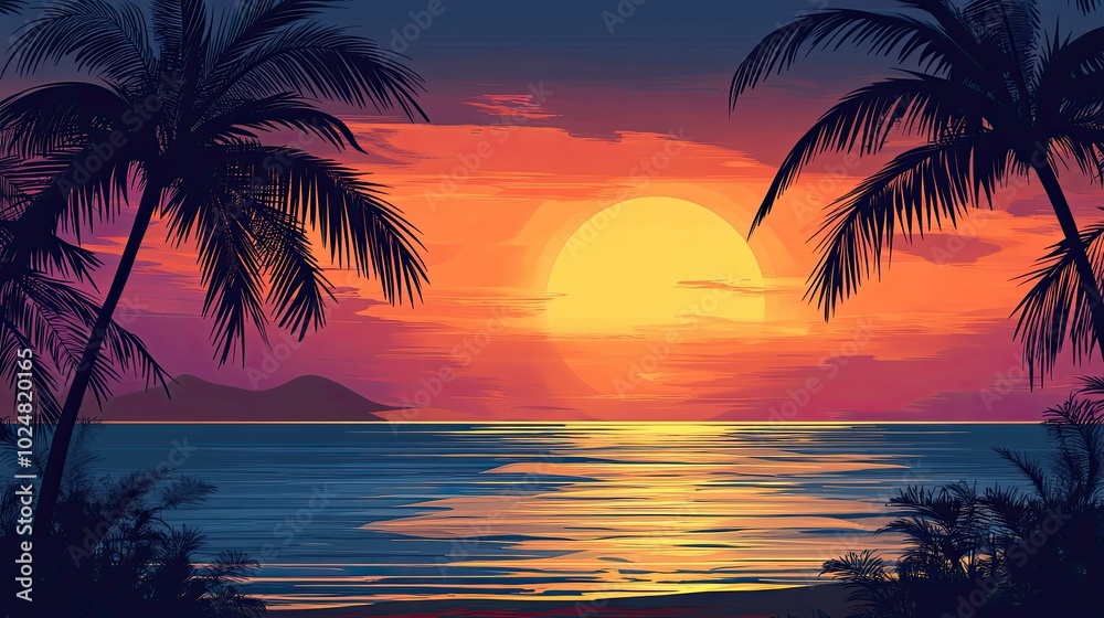 A tropical sunset over the ocean with palm trees in the foreground, leaving space for copy A tropical sunset over the ocean with palm trees in the foreground, leaving space for copy