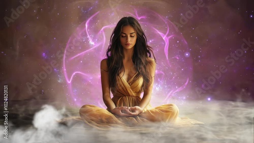 A girl in yellow clothes sits in lotus pose and meditates with a purple energy circle around her