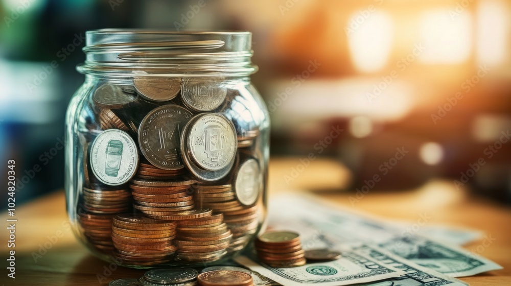 Glass Jar Filled with Coins and Dollar Bills Glass Jar Filled with Coins and Dollar Bills