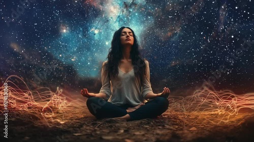 The girl sits in the lotus posture and imitates energy waves passing from the starry sky next to her