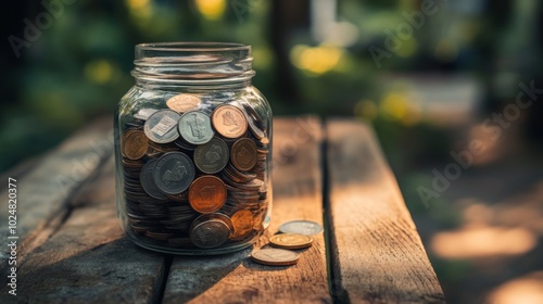 Glass jar filled with assorted coins on wooden table