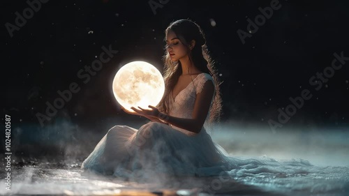 A girl is sitting in a white dress on the ground with fog and holding a large glowing moon. Concept of good sleep and rest. Meditation mantra