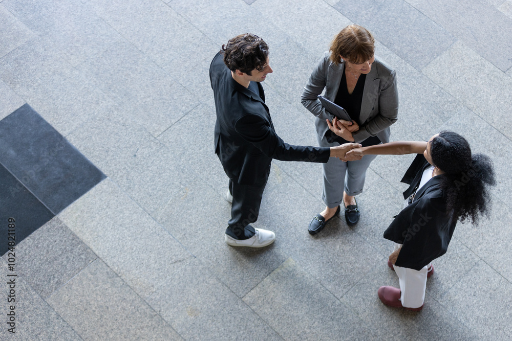 Top angle view. businesspeople handshake agreement success. professional cooperation partner connection support. executive shake hands and reach agreement.