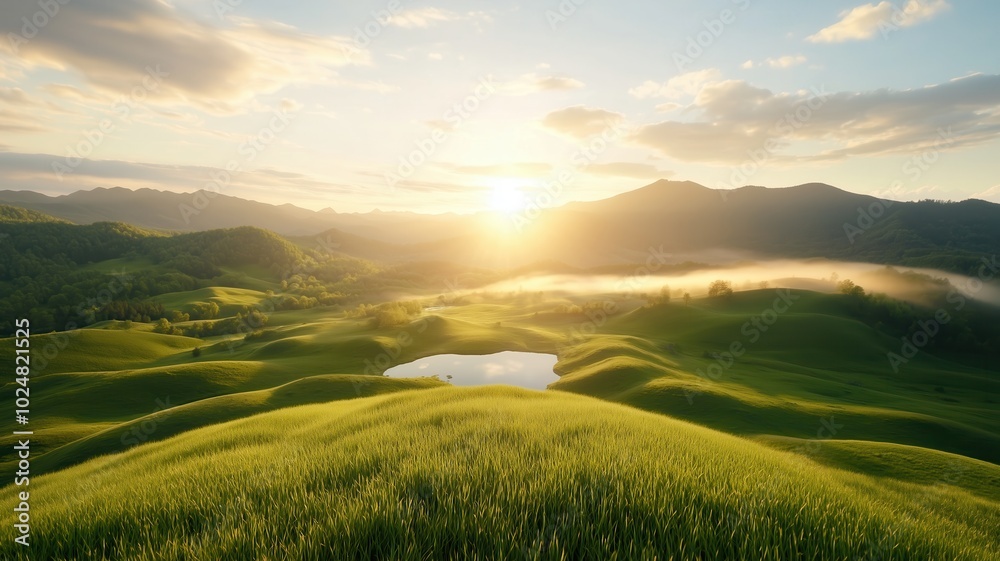 Fototapeta premium Breathtaking sunrise over lush green hills, with a serene pond reflecting the warm light of the morning sun, creating a peaceful and idyllic natural scene.