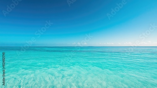 Calm tropical ocean with a clear blue sky, leaving space for copy on the horizon