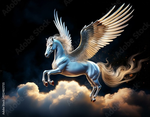 flying in the clouds pegasus isolated on black background