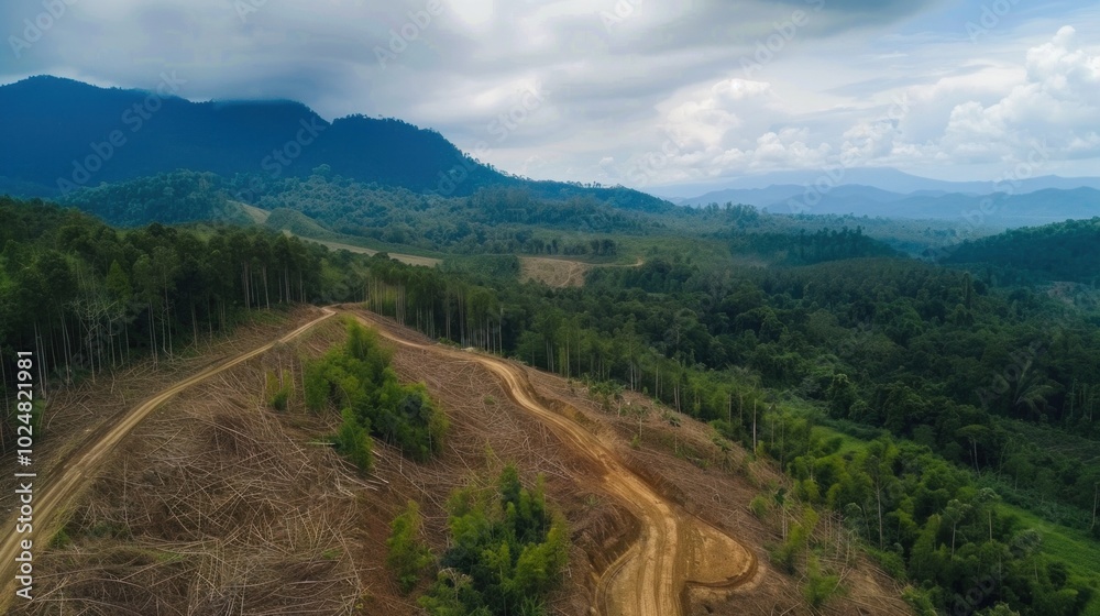Fototapeta premium Deforestation impact in tropical mountain landscape with dirt road and dense clouds