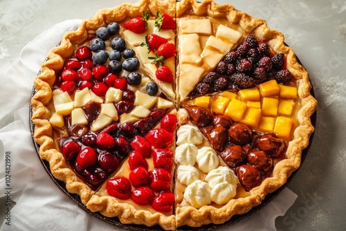 Colorful pie with mixed fruit, cream, and chocolate filling on rustic background photo