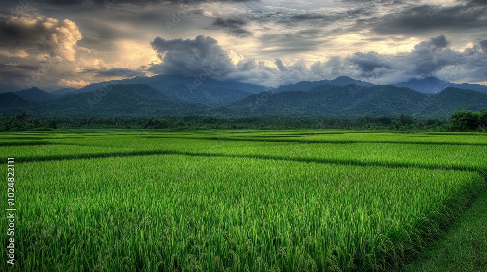 Fototapeta premium Lush Rice Field Under Dramatic Cloudy Sky