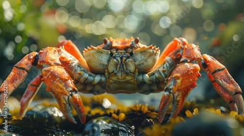 Closeup macro shot of a red crustacean likely a species of crab with a hard exoskeleton large pinching claws and multiple legs in a coastal marine environment underwater