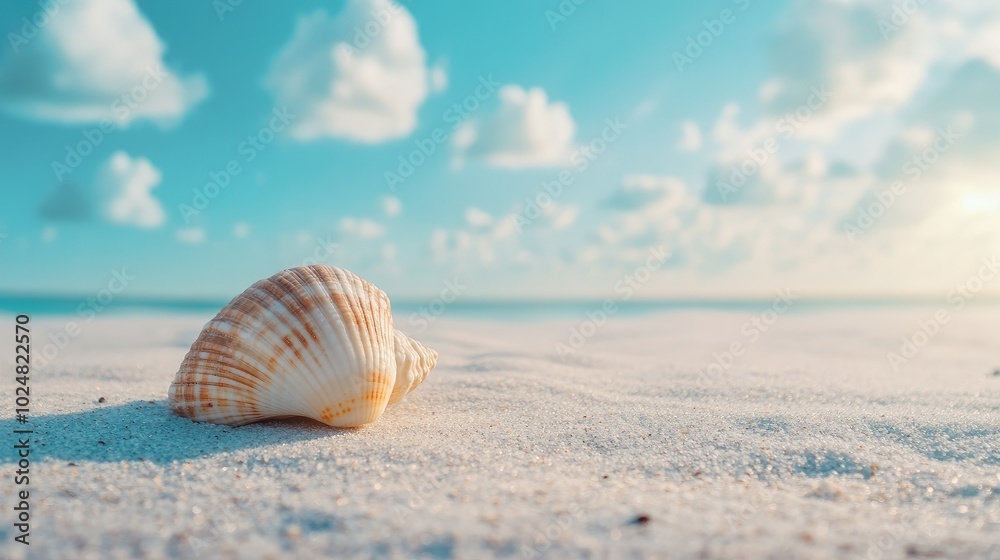 Close-up of a seashell on the sand, with room for text against the summer sky Close-up of a seashell on the sand, with room for text against the summer sky