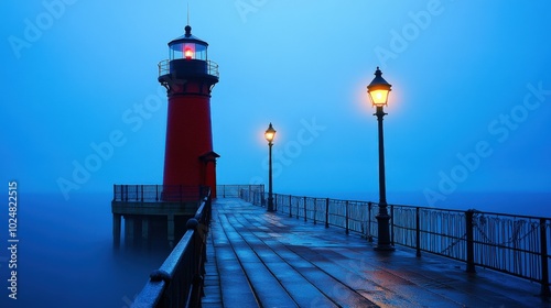 South Haven Lighthouse in the US with Red Lamp, Old Pier and Blue Tower at Dusk